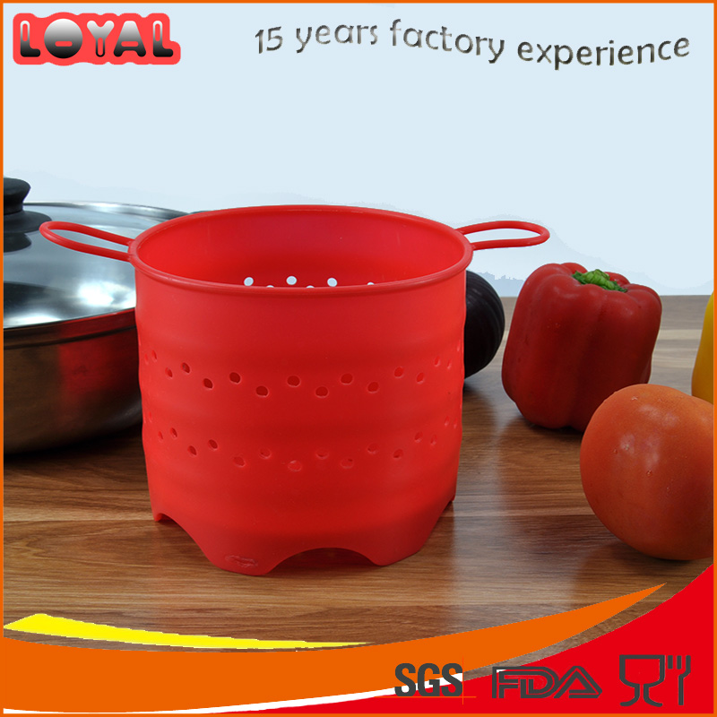 Allover holes cylindrical silicone basket colander with handle